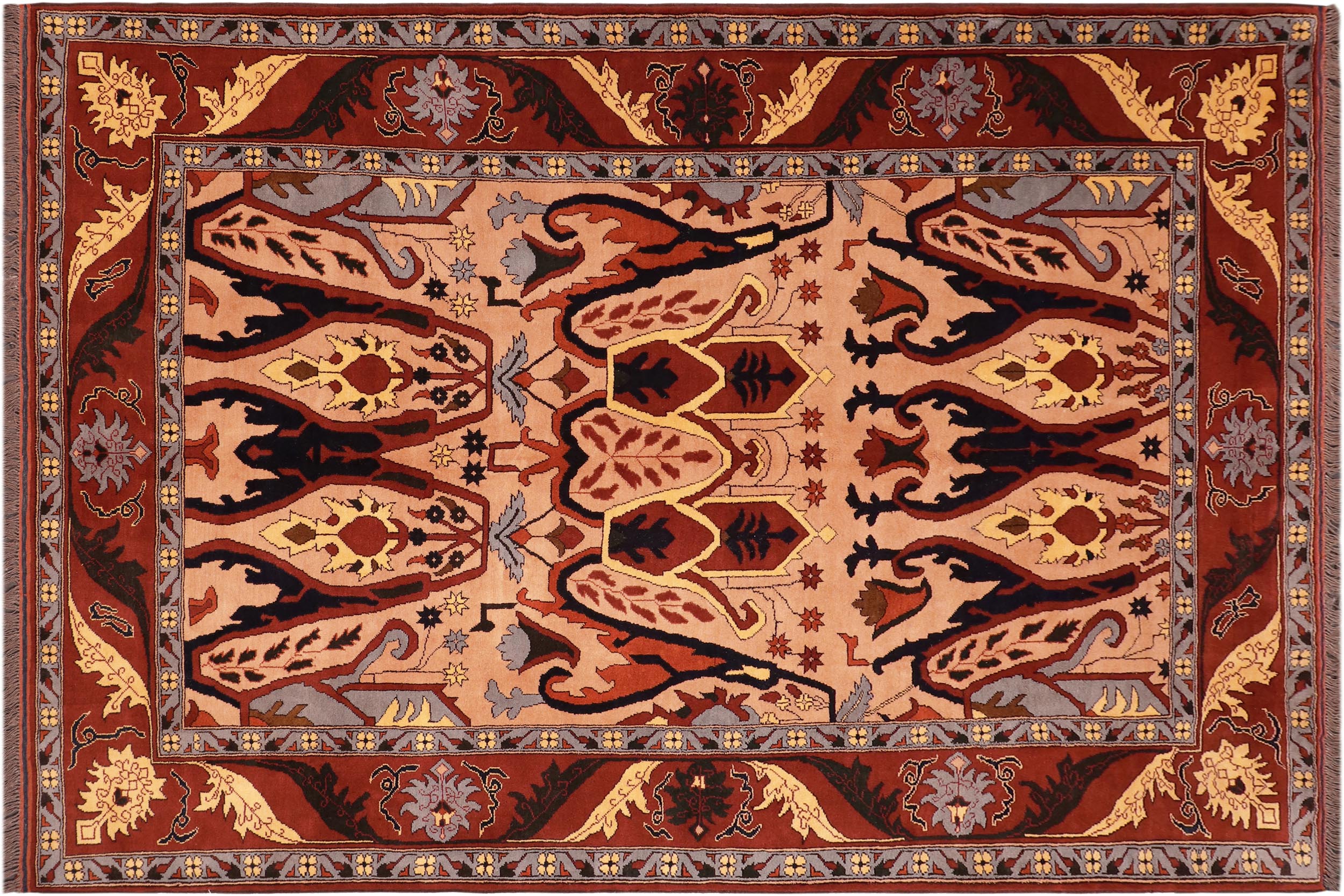 handmade Geometric Kargahi Tan Red Hand Knotted RECTANGLE 100% WOOL area rug 7' x 9'