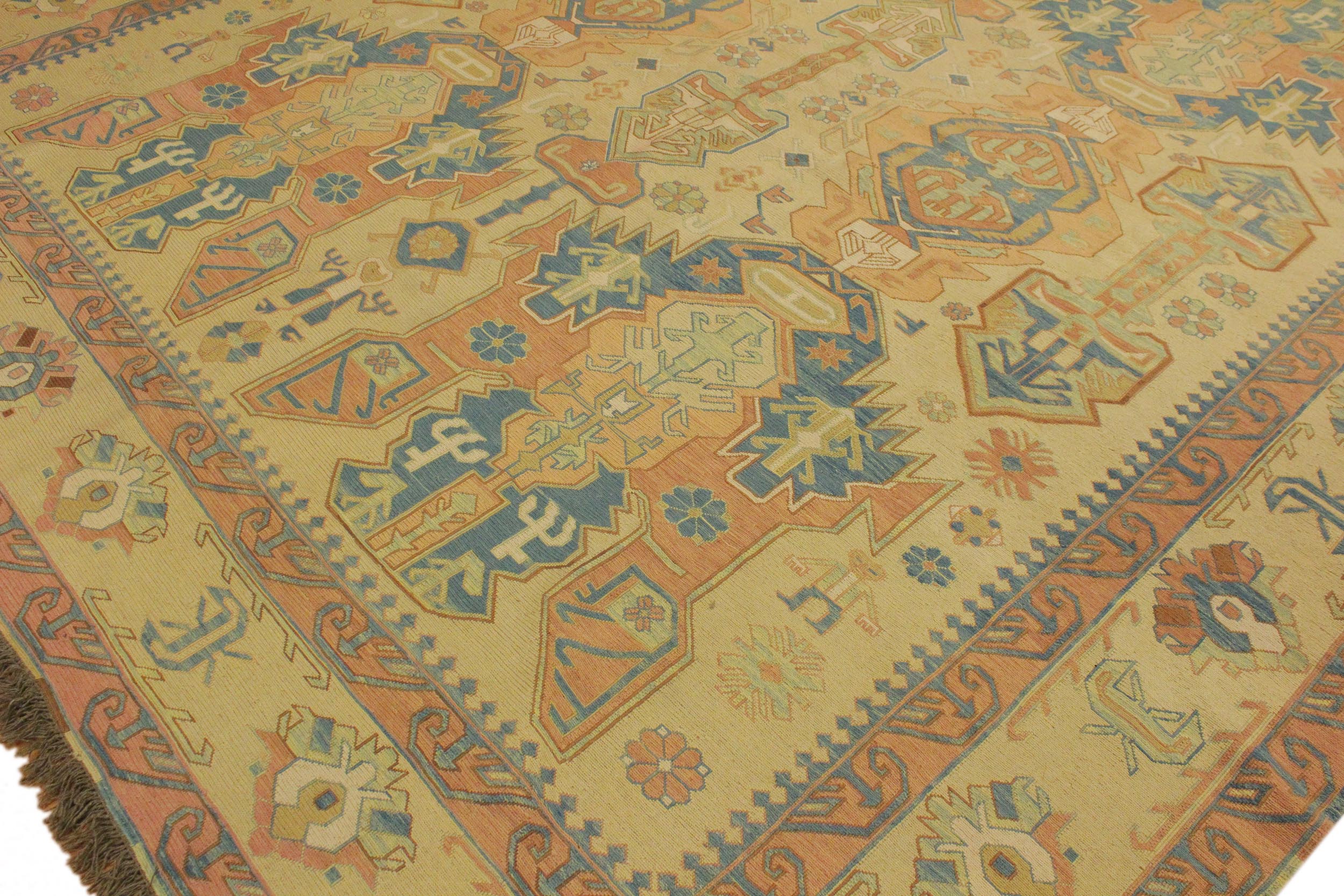 handmade Geometric Soumakh Beige Blue Hand-Woven RECTANGLE 100% WOOL area rug 10 x 12