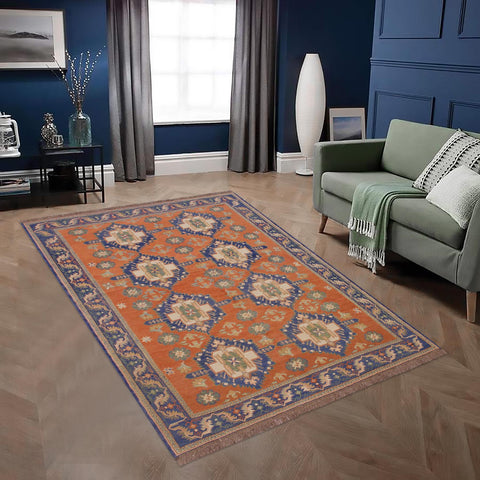 handmade Geometric Soumakh Rust Blue Hand-Woven RECTANGLE 100% WOOL area rug 7 x 9