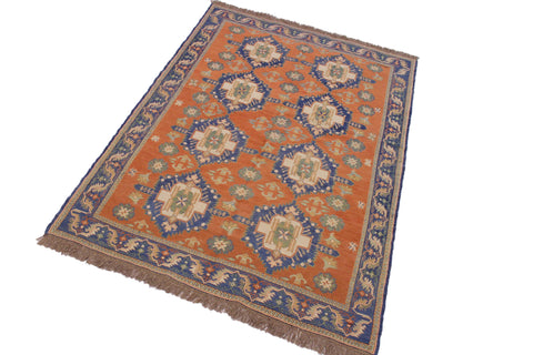 handmade Geometric Soumakh Rust Blue Hand-Woven RECTANGLE 100% WOOL area rug 7 x 9