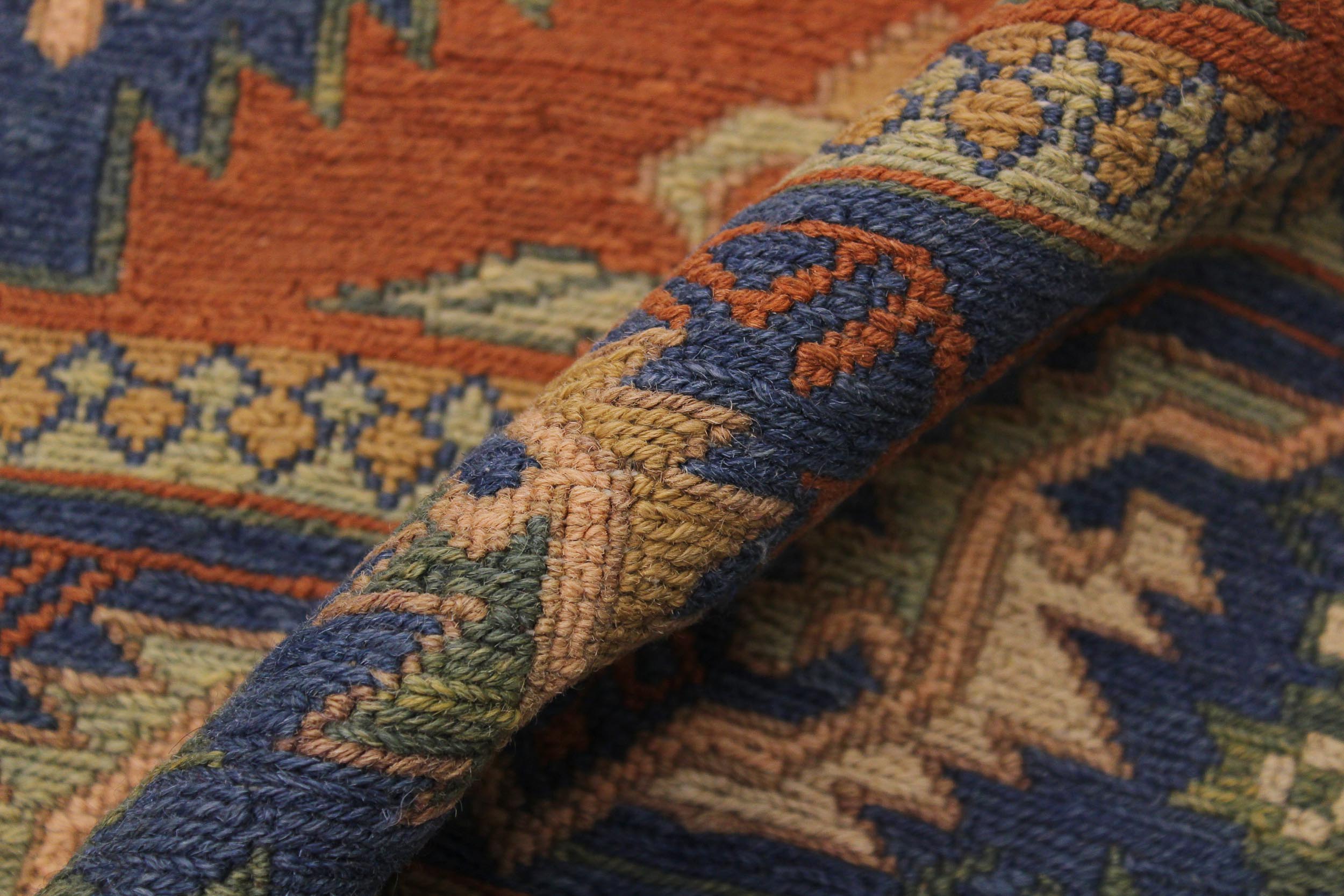 handmade Geometric Soumakh Rust Blue Hand-Woven RECTANGLE 100% WOOL area rug 7 x 9