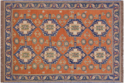 handmade Geometric Soumakh Rust Blue Hand-Woven RECTANGLE 100% WOOL area rug 7 x 9
