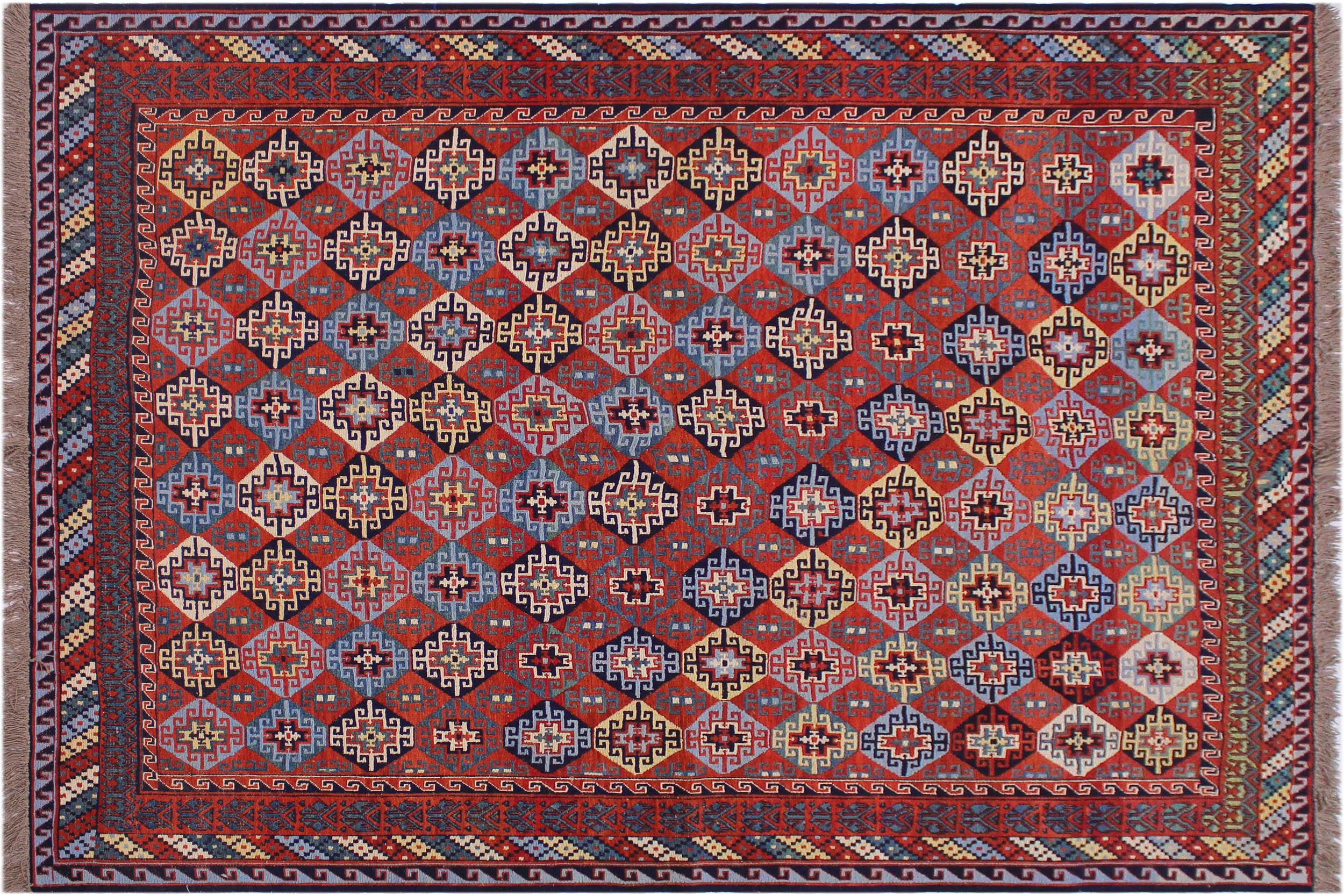handmade Geometric Soumakh Rust Blue Hand-Woven RECTANGLE 100% WOOL area rug 6 x 9