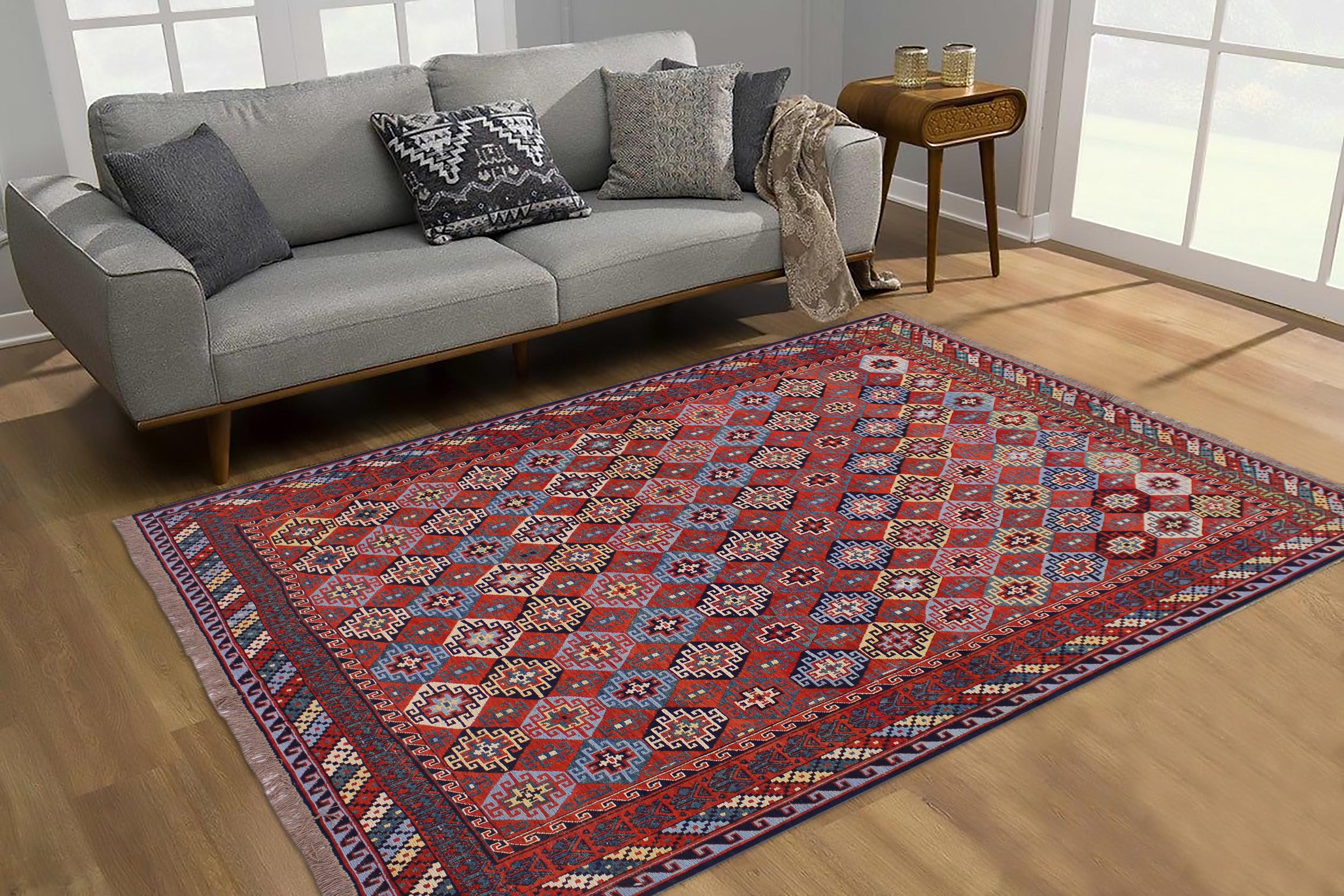 handmade Geometric Soumakh Rust Blue Hand-Woven RECTANGLE 100% WOOL area rug 6 x 9