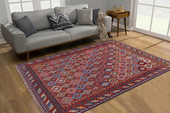 handmade Geometric Soumakh Rust Blue Hand-Woven RECTANGLE 100% WOOL area rug 6 x 9