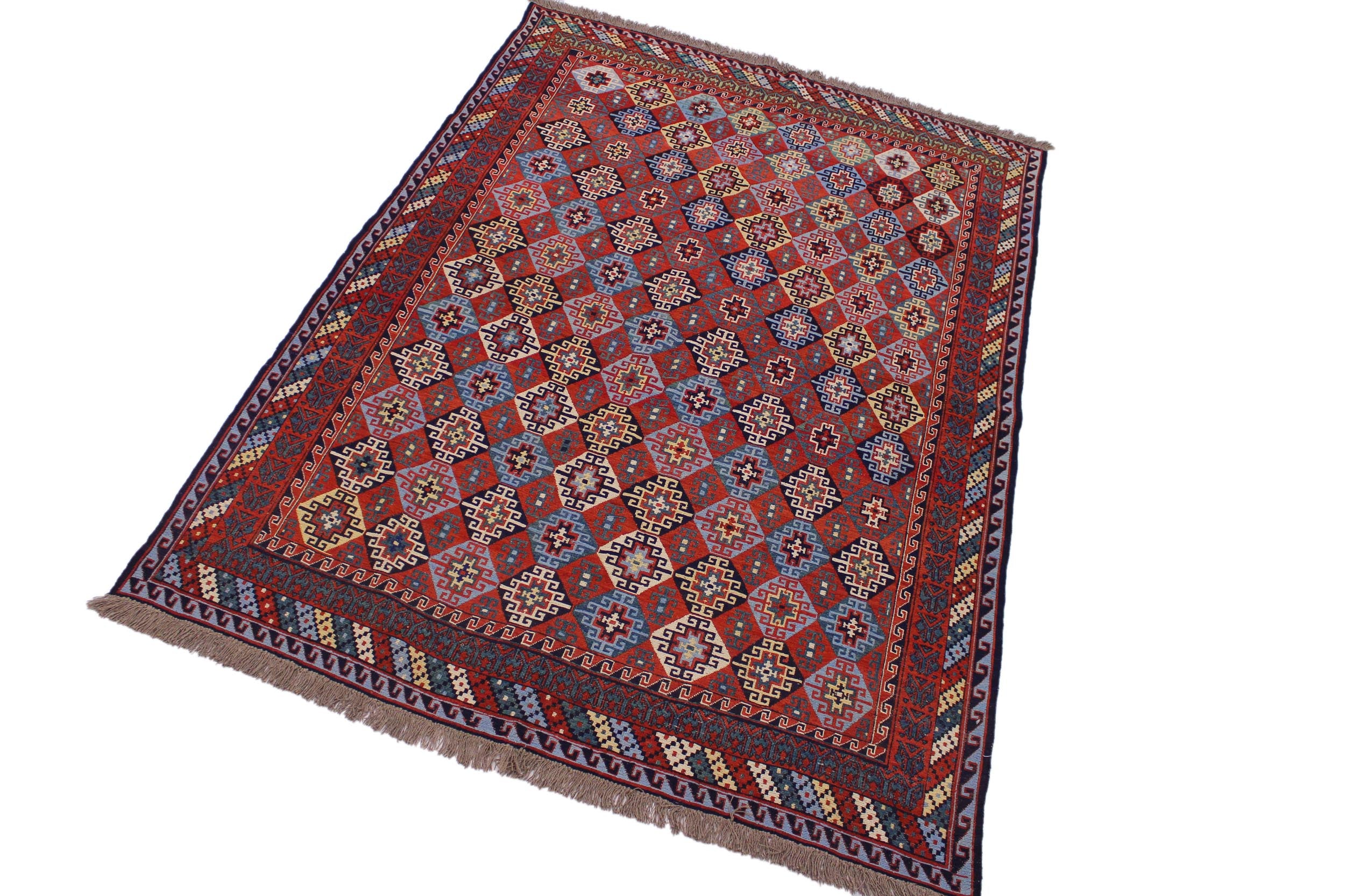 handmade Geometric Soumakh Rust Blue Hand-Woven RECTANGLE 100% WOOL area rug 6 x 9