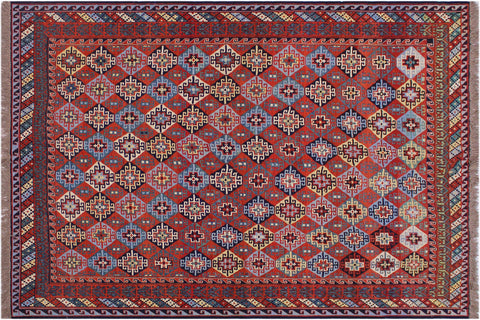 handmade Geometric Soumakh Rust Blue Hand-Woven RECTANGLE 100% WOOL area rug 6 x 9