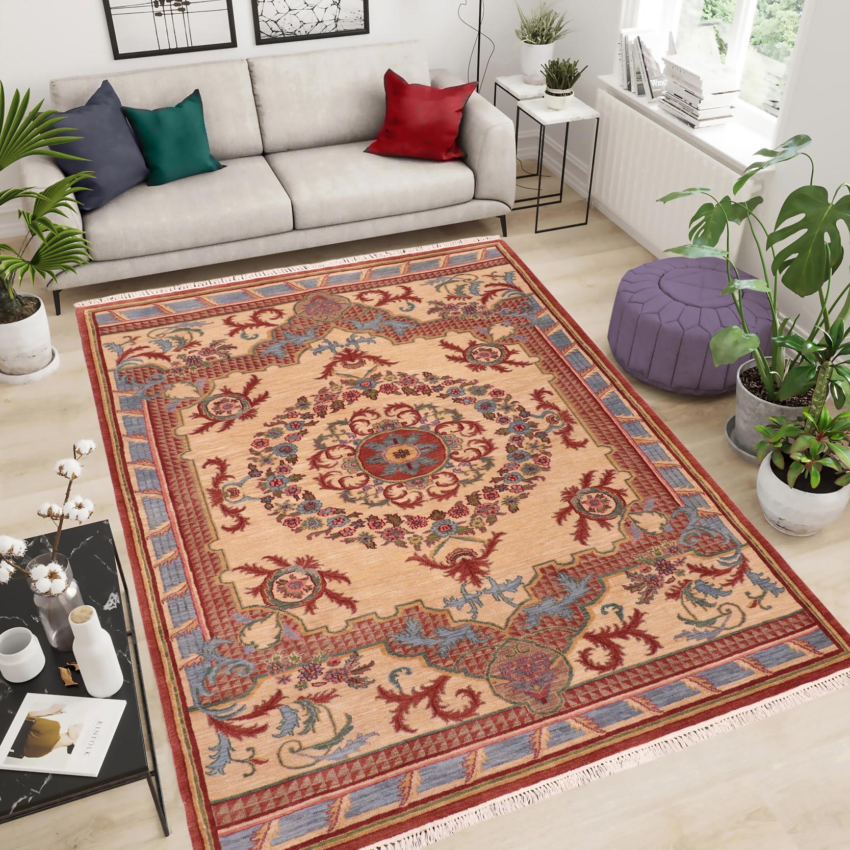 handmade Traditional Kafkaz Beige Rust Hand Knotted RECTANGLE 100% WOOL area rug 6' x 9'