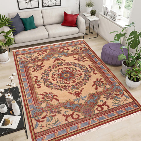 handmade Traditional Kafkaz Beige Rust Hand Knotted RECTANGLE 100% WOOL area rug 6' x 9'