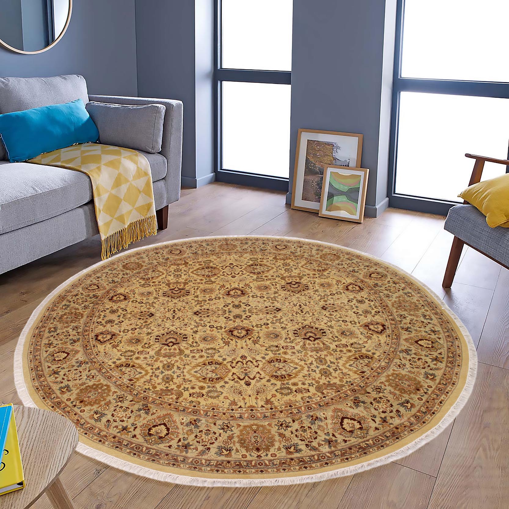 handmade Traditional Round Lahore Lt. Gold Gray Hand Knotted ROUND 100% WOOL area rug 10' x 10'