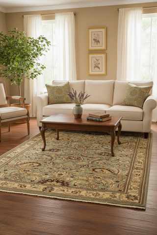 handmade Traditional Lahore Lt. Green Gold Hand Knotted RECTANGLE 100% WOOL area rug 4' x 6'