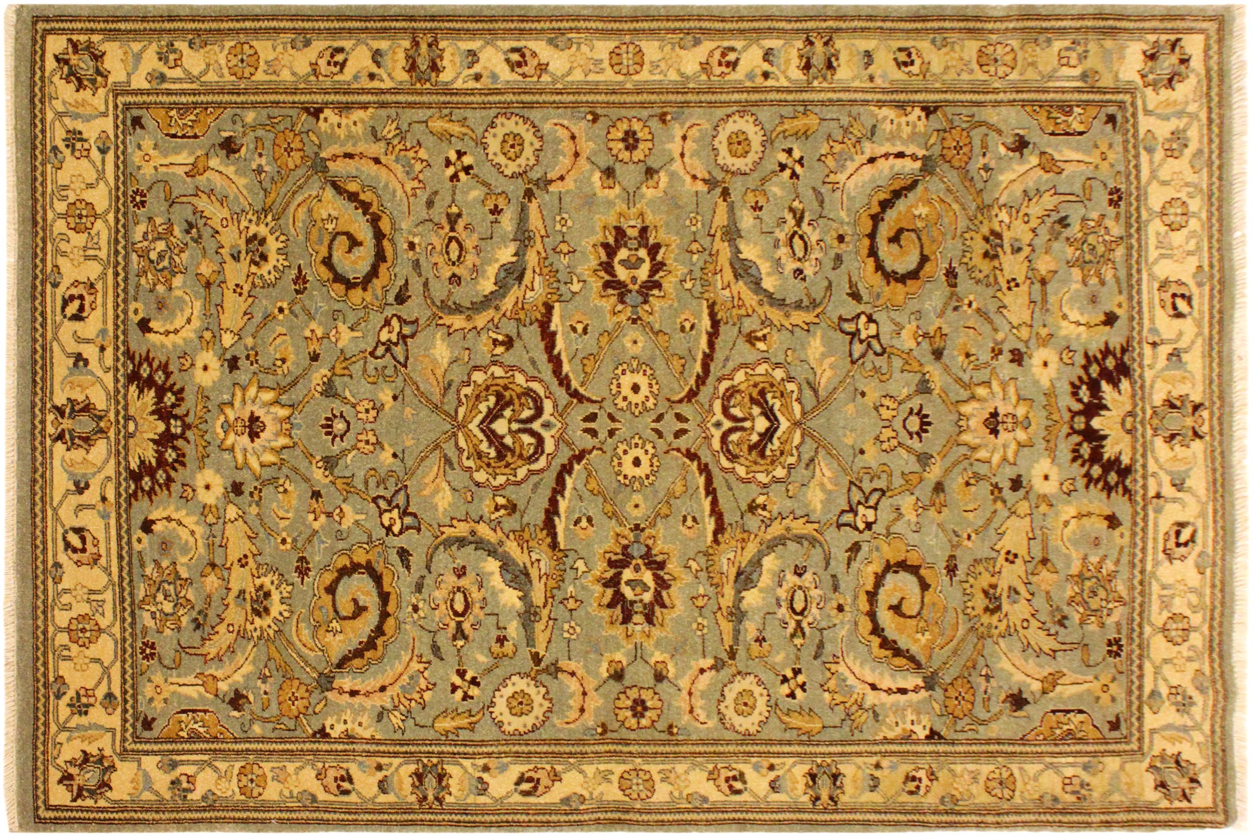 handmade Traditional Lahore Lt. Green Gold Hand Knotted RECTANGLE 100% WOOL area rug 4' x 6'