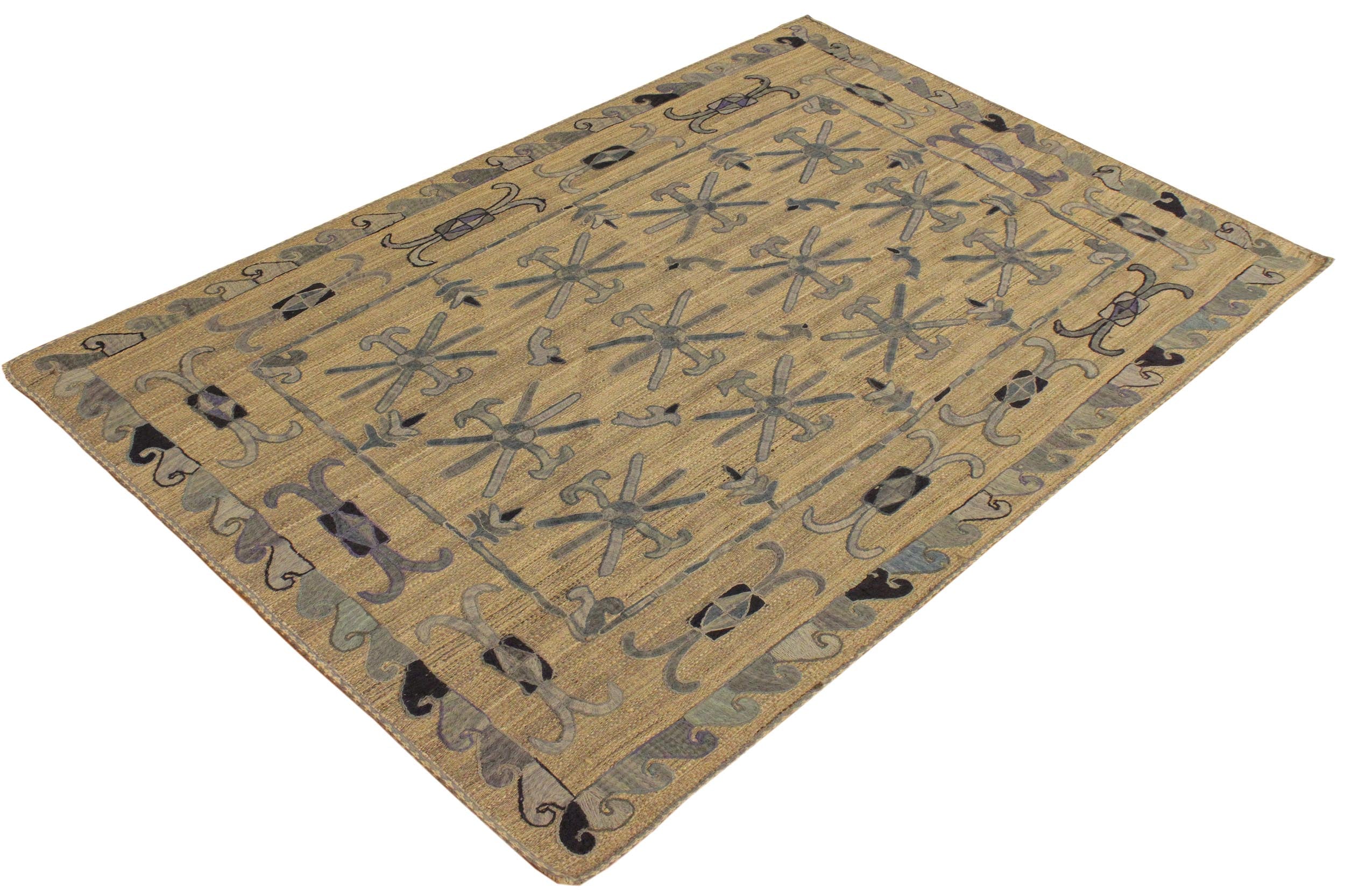 handmade Geometric Ikat Gray Blue Hand-Woven RECTANGLE 100% WOOL area rug 5' x 6'
