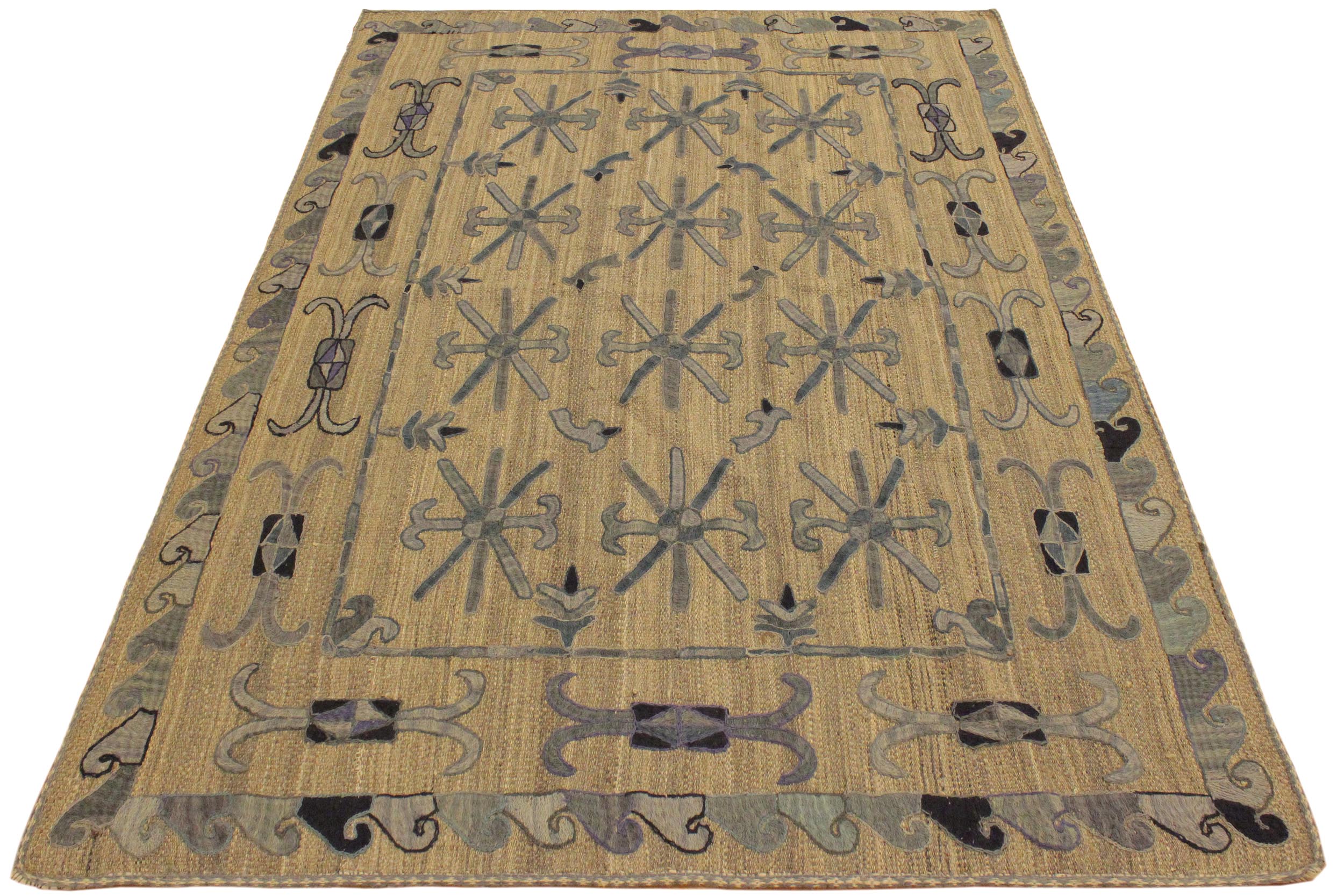 handmade Geometric Ikat Gray Blue Hand-Woven RECTANGLE 100% WOOL area rug 5' x 6'