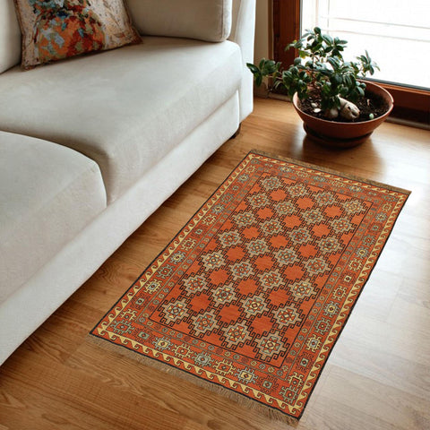 handmade Geometric Soumakh Orange Beige Hand-Woven RECTANGLE 100% WOOL area rug 3 x 5