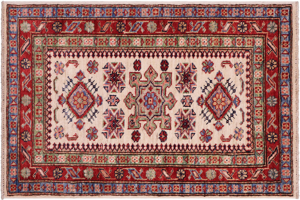 handmade Geometric Super Kazak Beige Red Hand Knotted RECTANGLE 100% WOOL area rug 2' x 3'