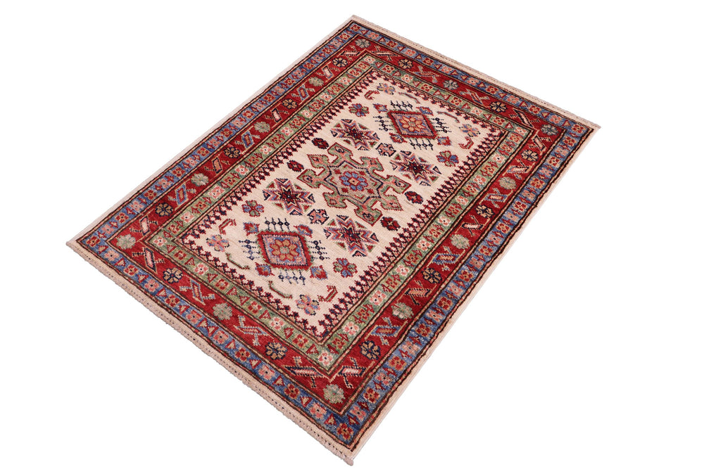 handmade Geometric Super Kazak Beige Red Hand Knotted RECTANGLE 100% WOOL area rug 2' x 3'