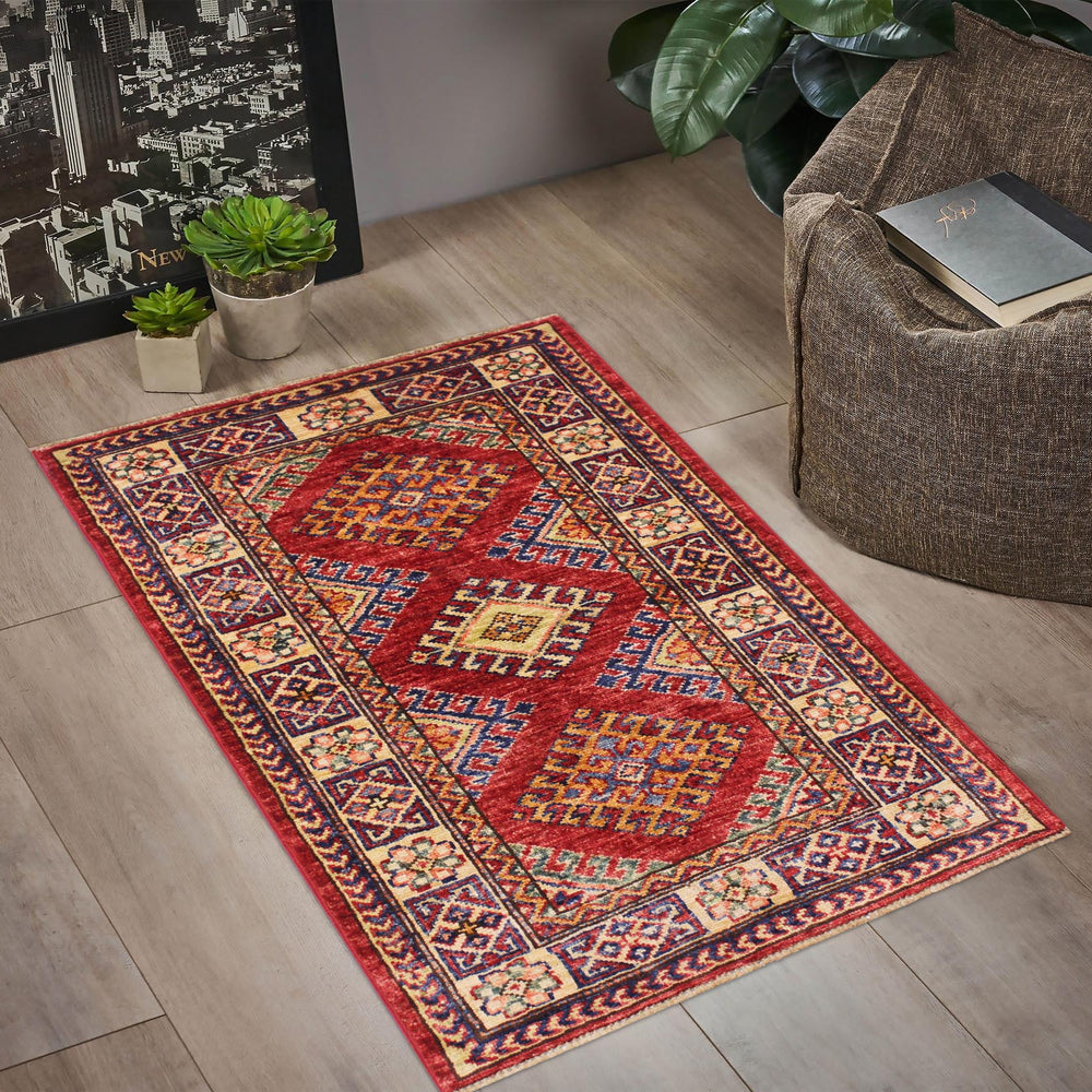 handmade Geometric Super Kazak Red Beige Hand Knotted RECTANGLE 100% WOOL area rug 2' x 3'