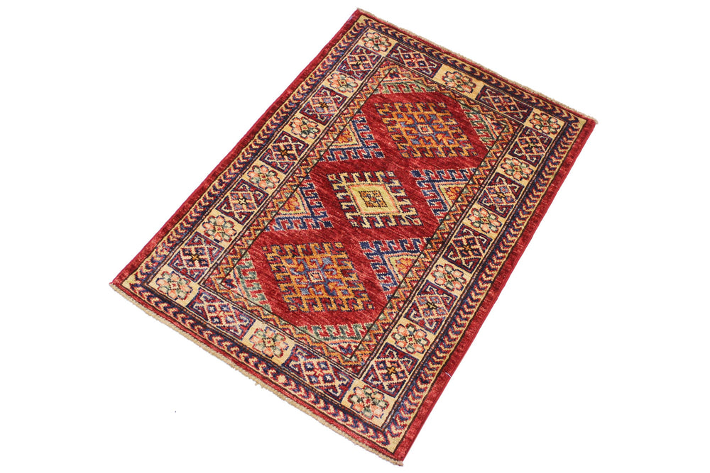 handmade Geometric Super Kazak Red Beige Hand Knotted RECTANGLE 100% WOOL area rug 2' x 3'