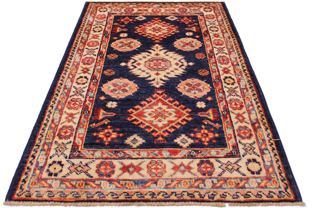 handmade Geometric Super Kazak Blue Beige Hand Knotted RECTANGLE 100% WOOL area rug 2' x 3'