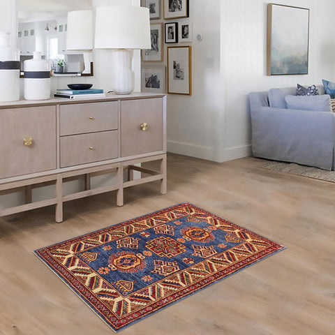 handmade Geometric Super Kazak Blue Beige Hand Knotted RECTANGLE 100% WOOL area rug 3' x 4'