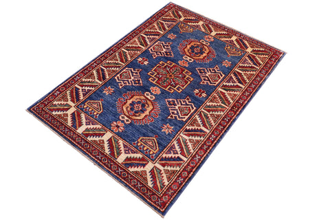 handmade Geometric Super Kazak Blue Beige Hand Knotted RECTANGLE 100% WOOL area rug 3' x 4'