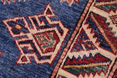 handmade Geometric Super Kazak Blue Beige Hand Knotted RECTANGLE 100% WOOL area rug 3' x 4'