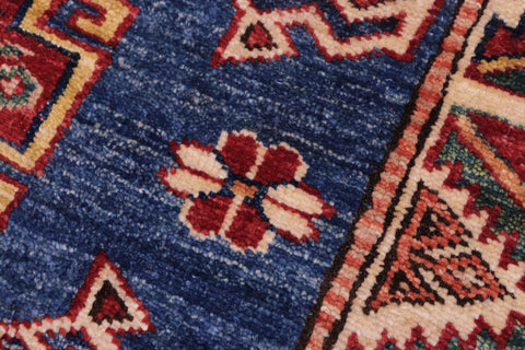 handmade Geometric Super Kazak Blue Beige Hand Knotted RECTANGLE 100% WOOL area rug 3' x 4'