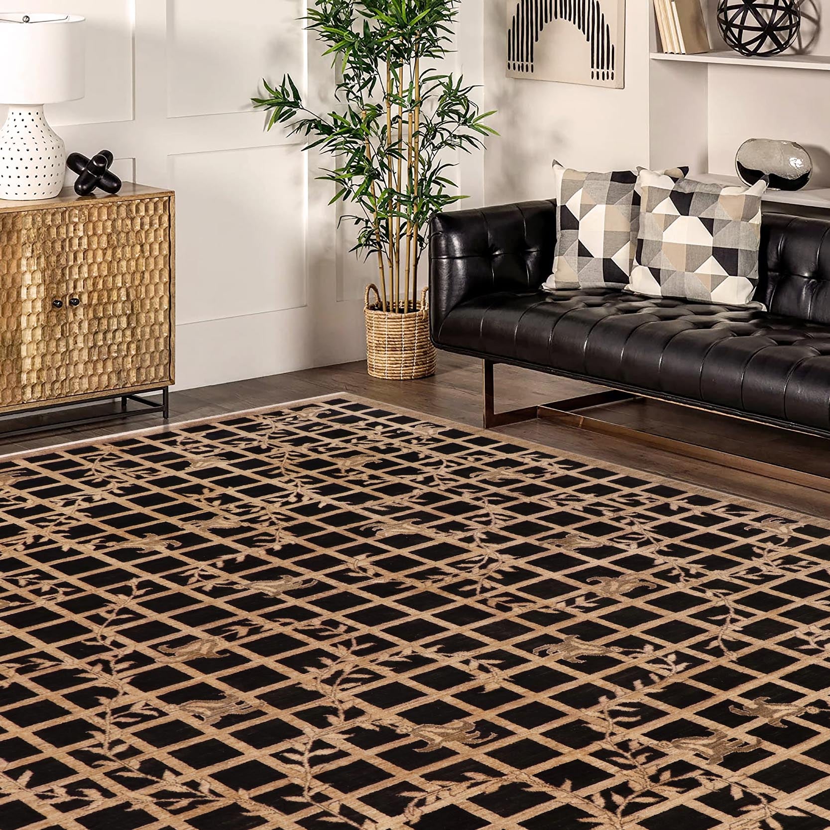 handmade Modern Kafkaz Black Tan Hand Knotted RECTANGLE 100% WOOL area rug 9' x 12'