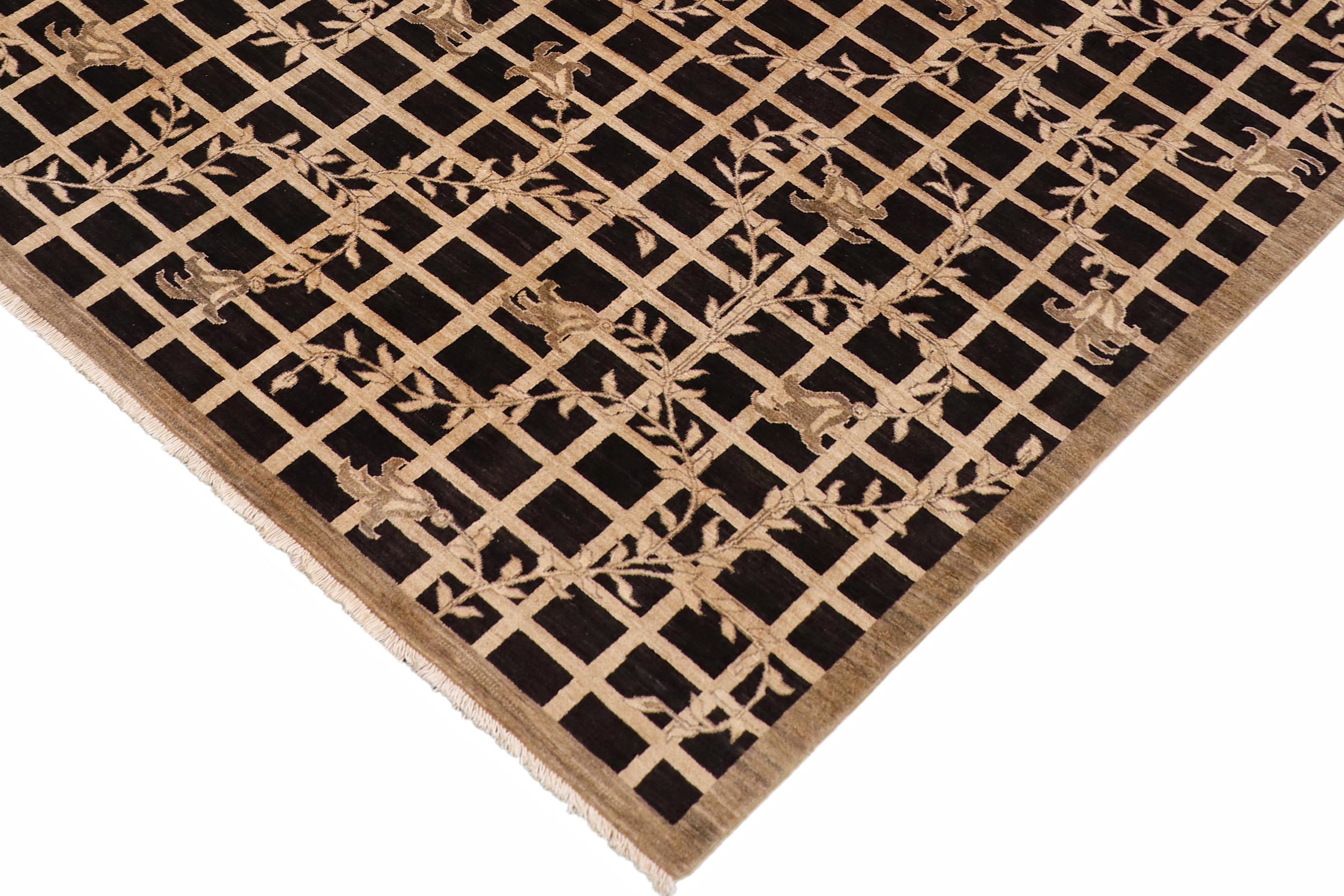 handmade Modern Kafkaz Black Tan Hand Knotted RECTANGLE 100% WOOL area rug 9' x 12'