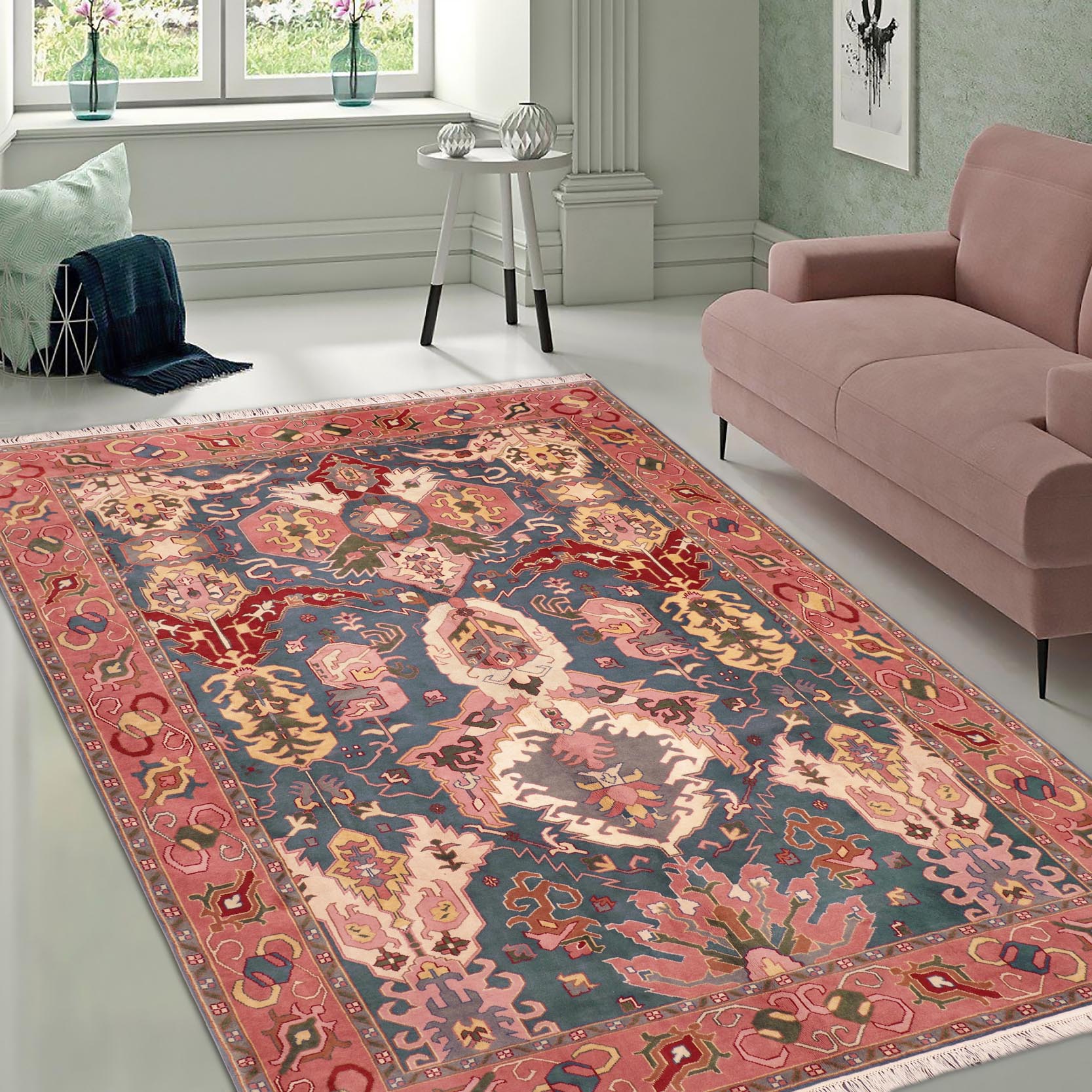 handmade Traditional Kafkaz Blue Pink Hand Knotted RECTANGLE 100% WOOL area rug 8' x 10'