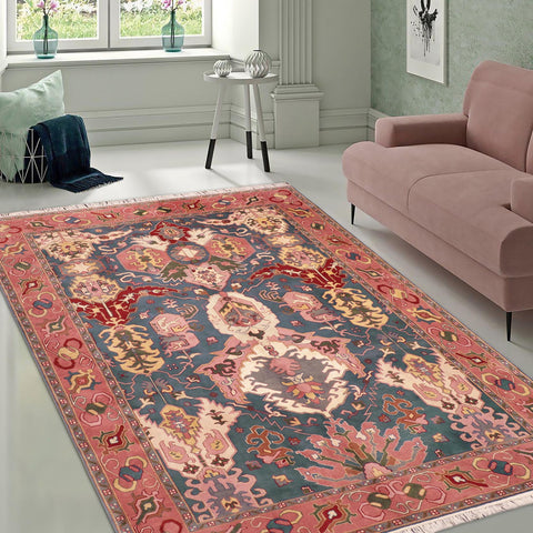 handmade Traditional Kafkaz Blue Pink Hand Knotted RECTANGLE 100% WOOL area rug 8' x 10'