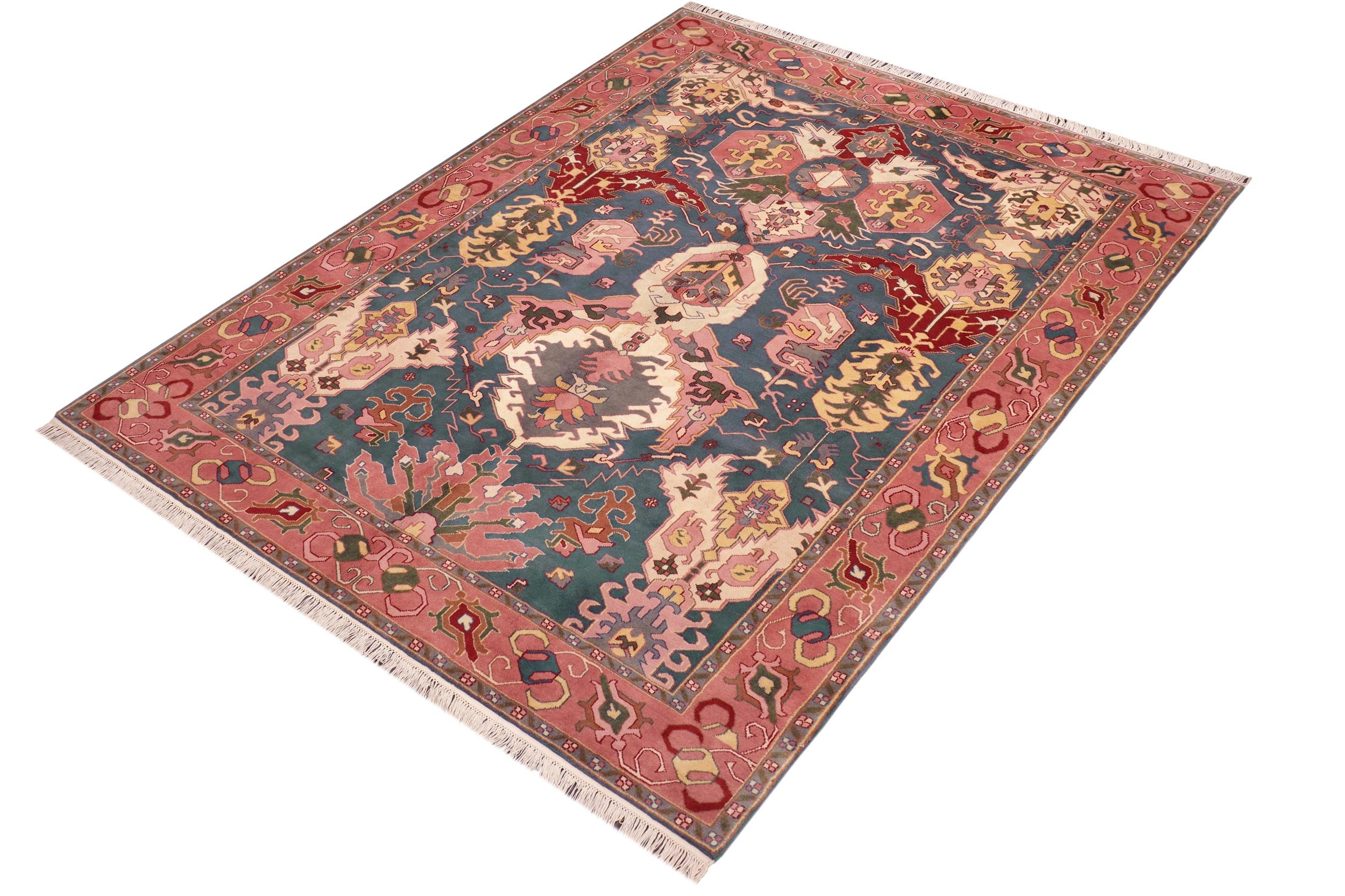 handmade Traditional Kafkaz Blue Pink Hand Knotted RECTANGLE 100% WOOL area rug 8' x 10'