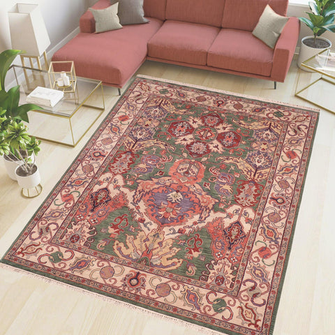 handmade Traditional Kafkaz Green Ivory Hand Knotted RECTANGLE 100% WOOL area rug 8' x 10'