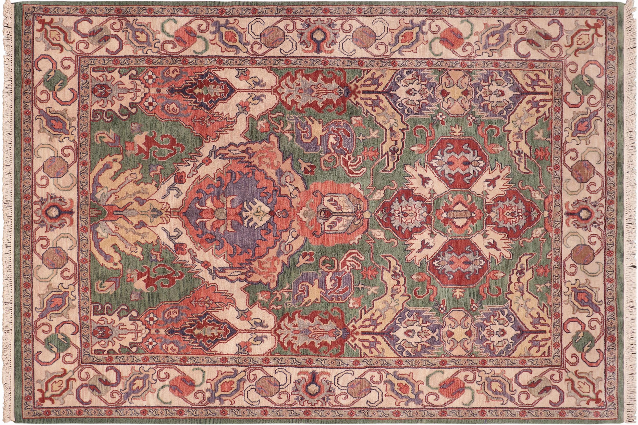 handmade Traditional Kafkaz Green Ivory Hand Knotted RECTANGLE 100% WOOL area rug 8' x 10'