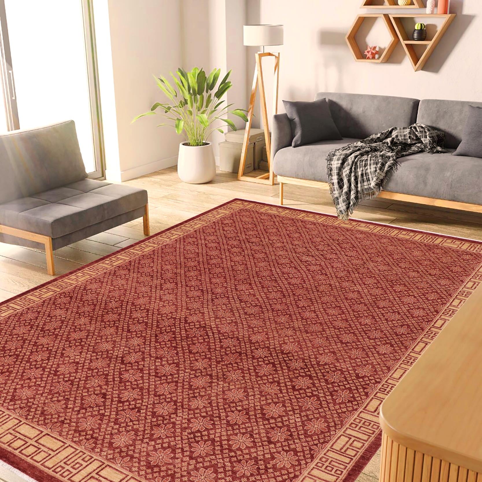 handmade Modern Kafkaz Red Gold Hand Knotted RECTANGLE 100% WOOL area rug 9' x 12'