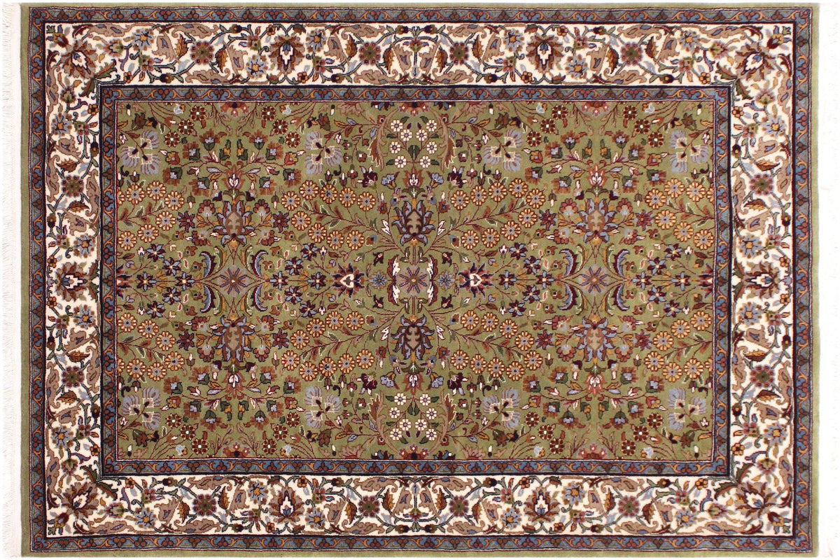 4x6 hand knotted Hereke design wool and silk rug in green and ivory - Hereke Ta