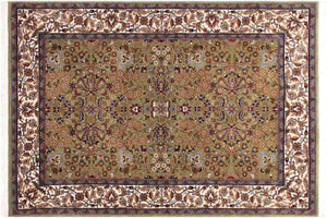 4x6 hand knotted Hereke design wool and silk rug in green and ivory - Hereke Ta