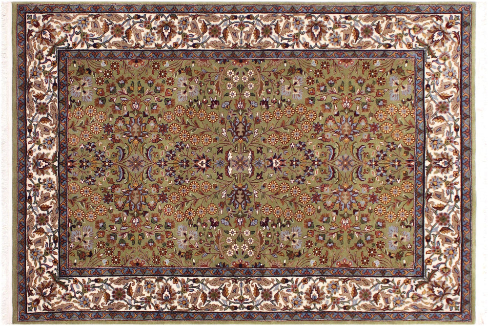 handmade Traditional Hereke Green Ivory Hand Knotted RECTANGLE WOOL&SILK area rug 4' x 6'
