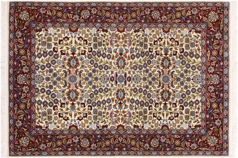 handmade Traditional Hereke Ivory Red Hand Knotted RECTANGLE WOOL&SILK area rug 4' x 6'