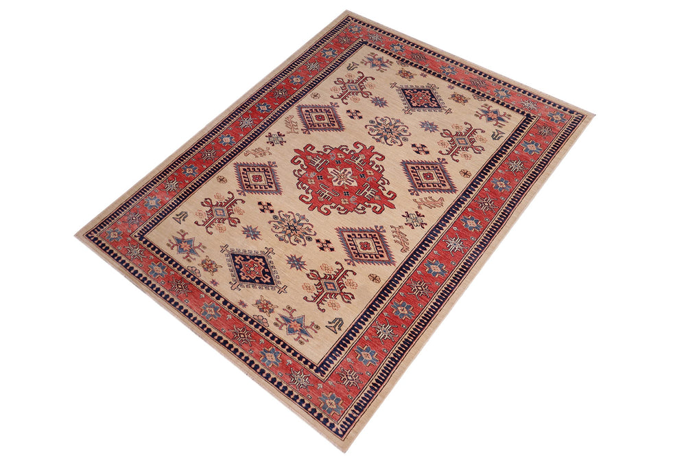 handmade Geometric Super Kazak Lt. Gold Pink Hand Knotted RECTANGLE 100% WOOL area rug 5' x 8'
