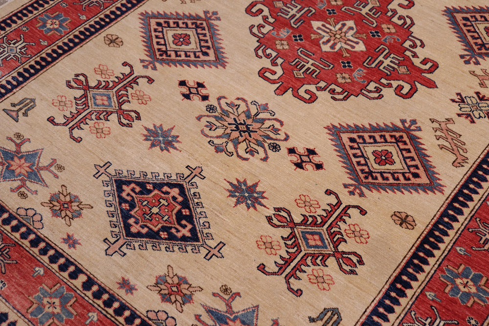 handmade Geometric Super Kazak Lt. Gold Pink Hand Knotted RECTANGLE 100% WOOL area rug 5' x 8'