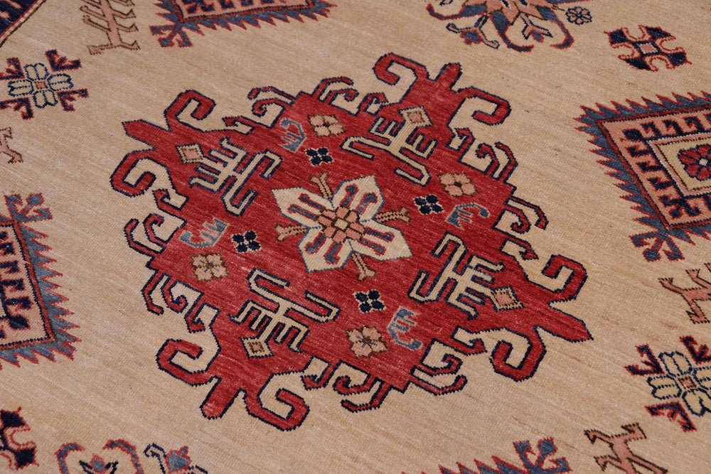 handmade Geometric Super Kazak Lt. Gold Pink Hand Knotted RECTANGLE 100% WOOL area rug 5' x 8'