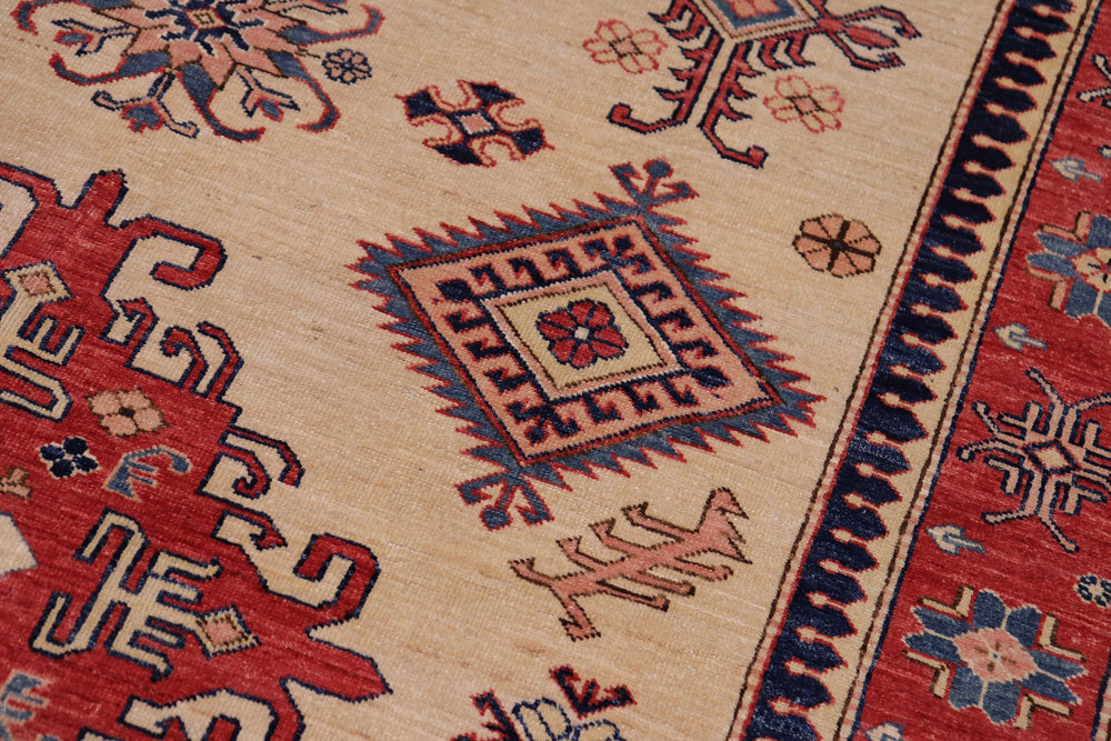 handmade Geometric Super Kazak Lt. Gold Pink Hand Knotted RECTANGLE 100% WOOL area rug 5' x 8'