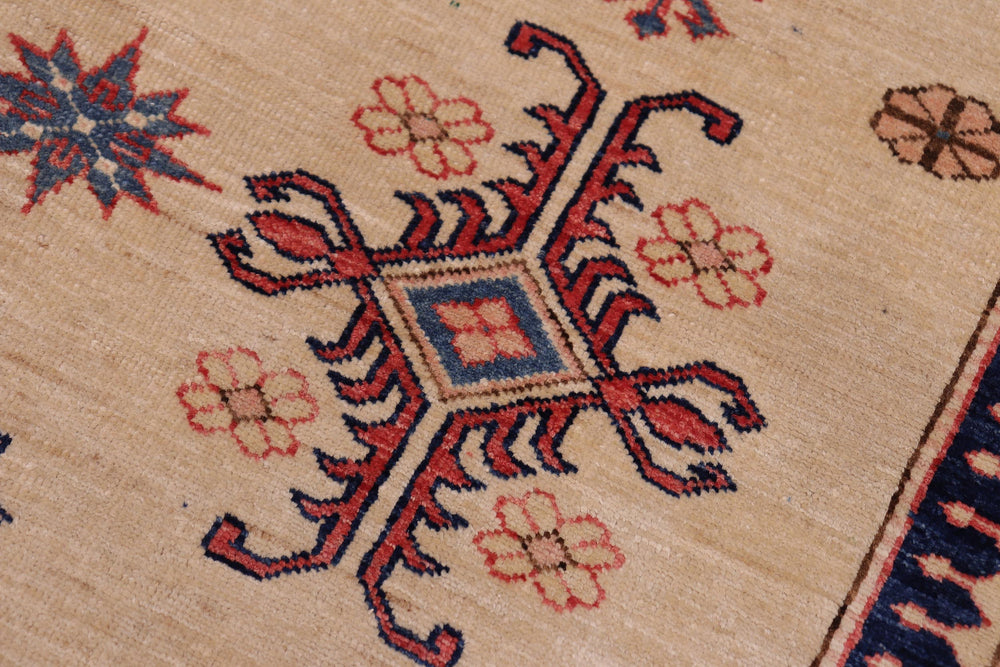 handmade Geometric Super Kazak Lt. Gold Pink Hand Knotted RECTANGLE 100% WOOL area rug 5' x 8'