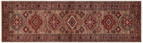 handmade Geometric Super Kazak Gray Gray Hand Knotted RUNNER 100% WOOL area rug 3' x 10'