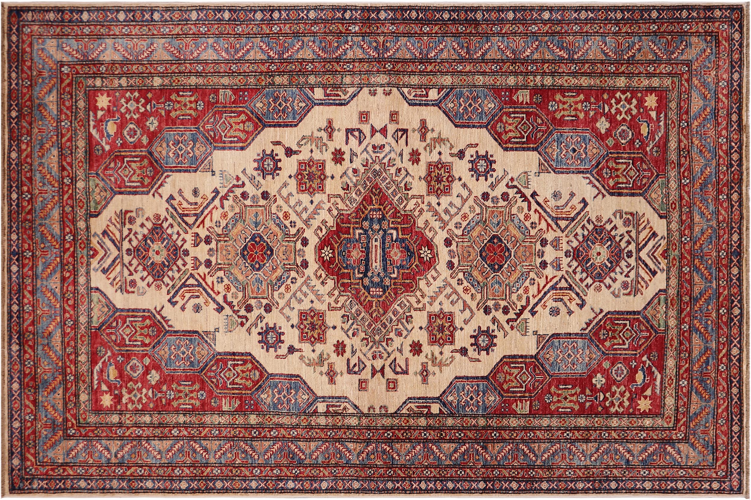 handmade Geometric Super Kazak Beige Blue Hand Knotted RECTANGLE 100% WOOL area rug 5' x 8'