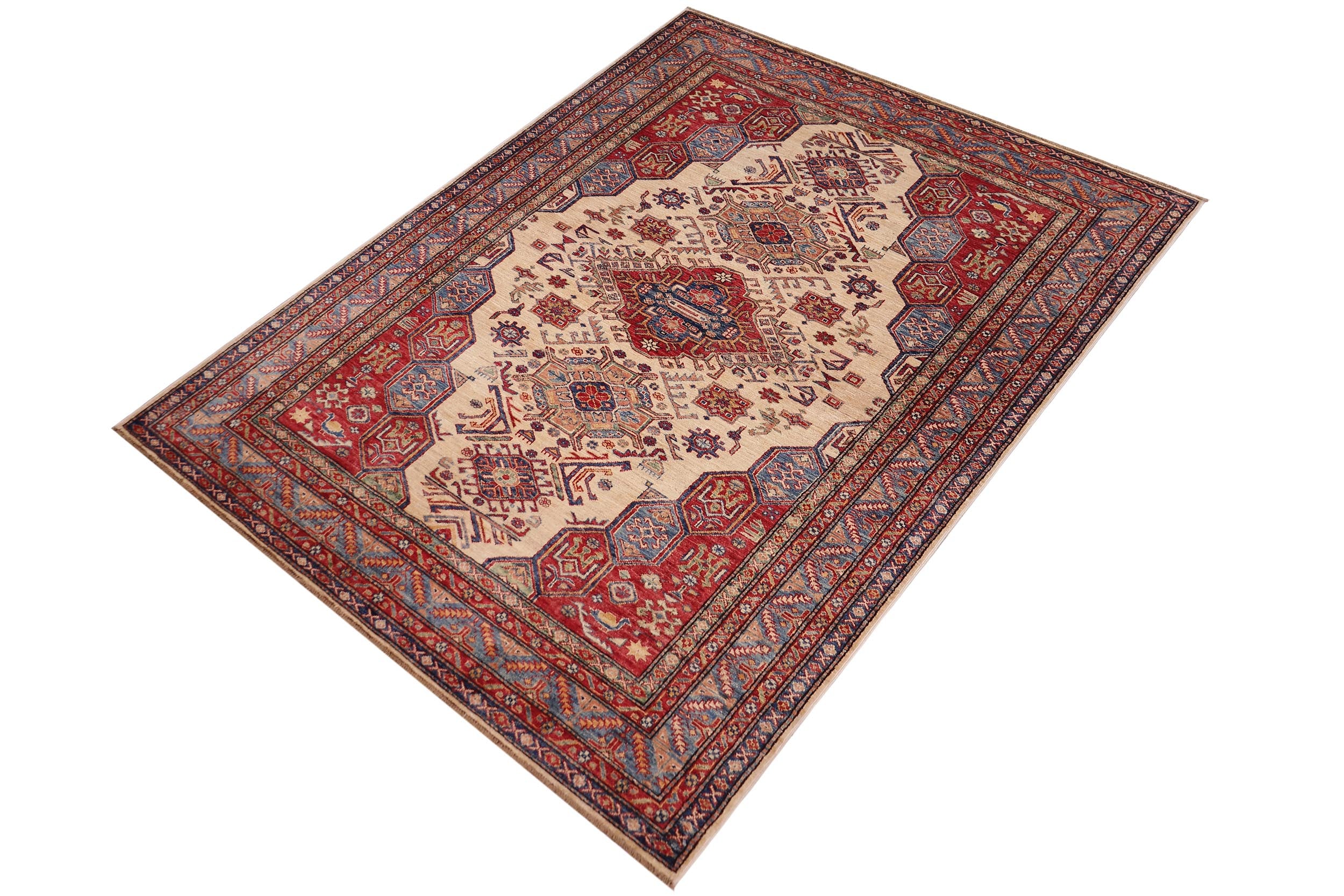 handmade Geometric Super Kazak Beige Blue Hand Knotted RECTANGLE 100% WOOL area rug 5' x 8'