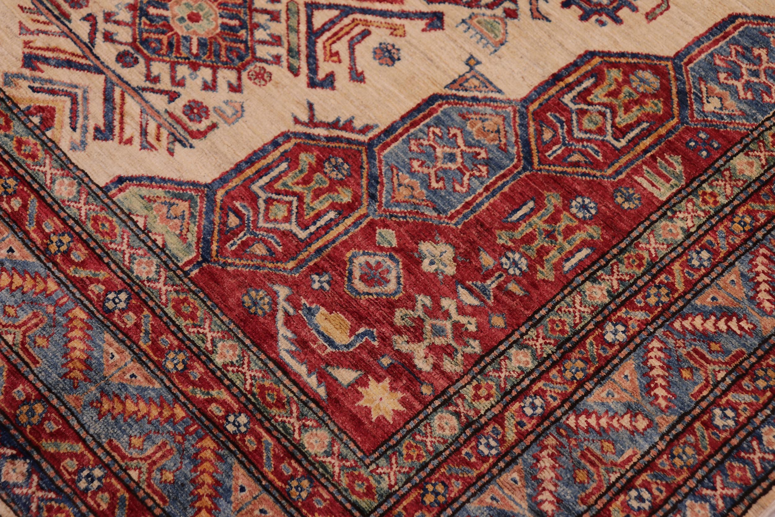 handmade Geometric Super Kazak Beige Blue Hand Knotted RECTANGLE 100% WOOL area rug 5' x 8'