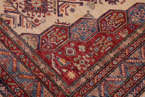 handmade Geometric Super Kazak Beige Blue Hand Knotted RECTANGLE 100% WOOL area rug 5' x 8'
